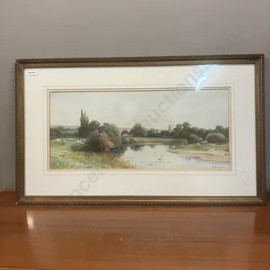 George Oyston (c1860) Original Watercolour - Peaceful River Landscape With Church & Sheep Grazing. Signed. 42 x 71cm