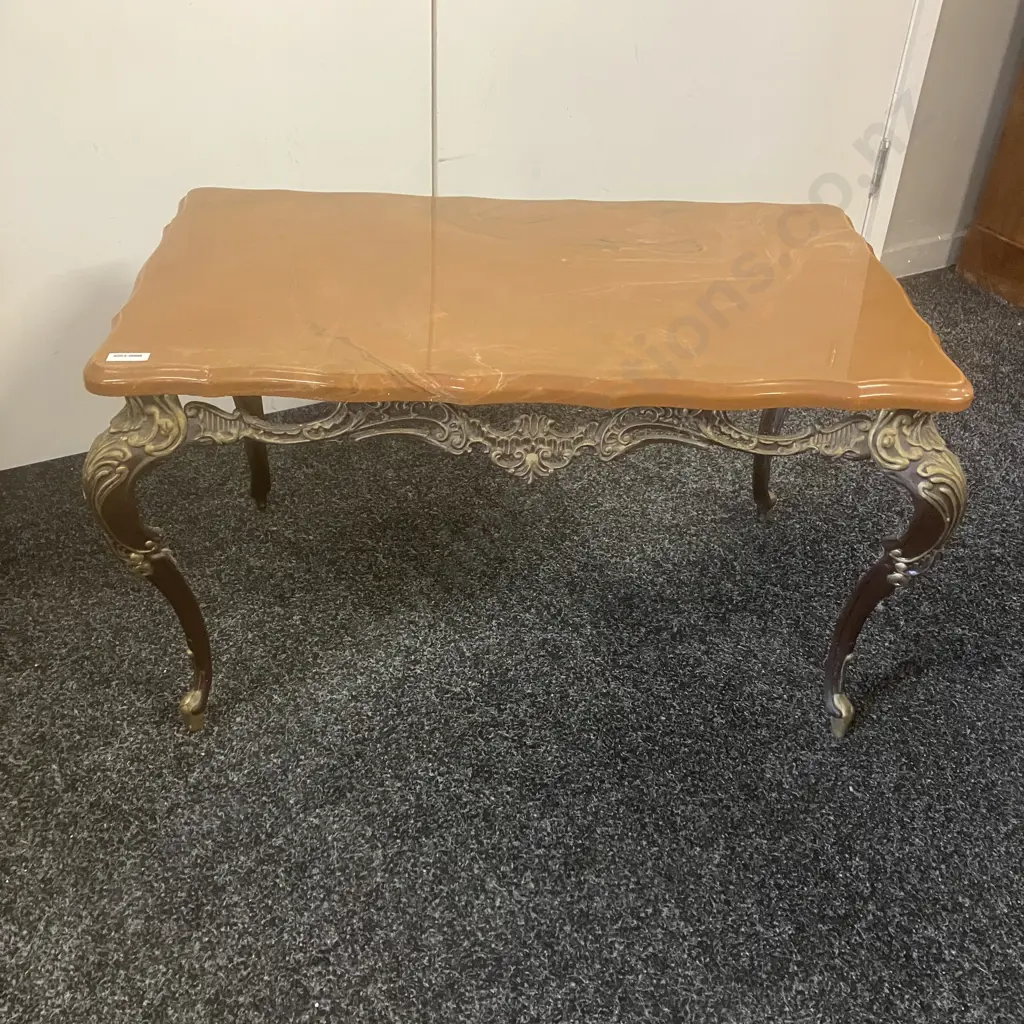 Brown Marble Effect Side Table With An Ornate Brown & Gold Colour Metal Base. H41 W71 D41cm Image 1++