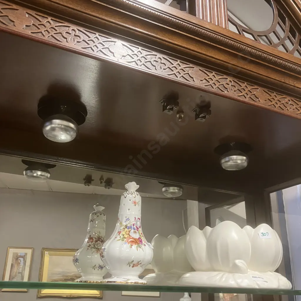 Mahogany 4 Door Display Cabinet. Shaped Bevelled Glass, Mirror Backed, Glass Shelves. Fretwork & Carved H218 W86.5 D36cm Image 1++