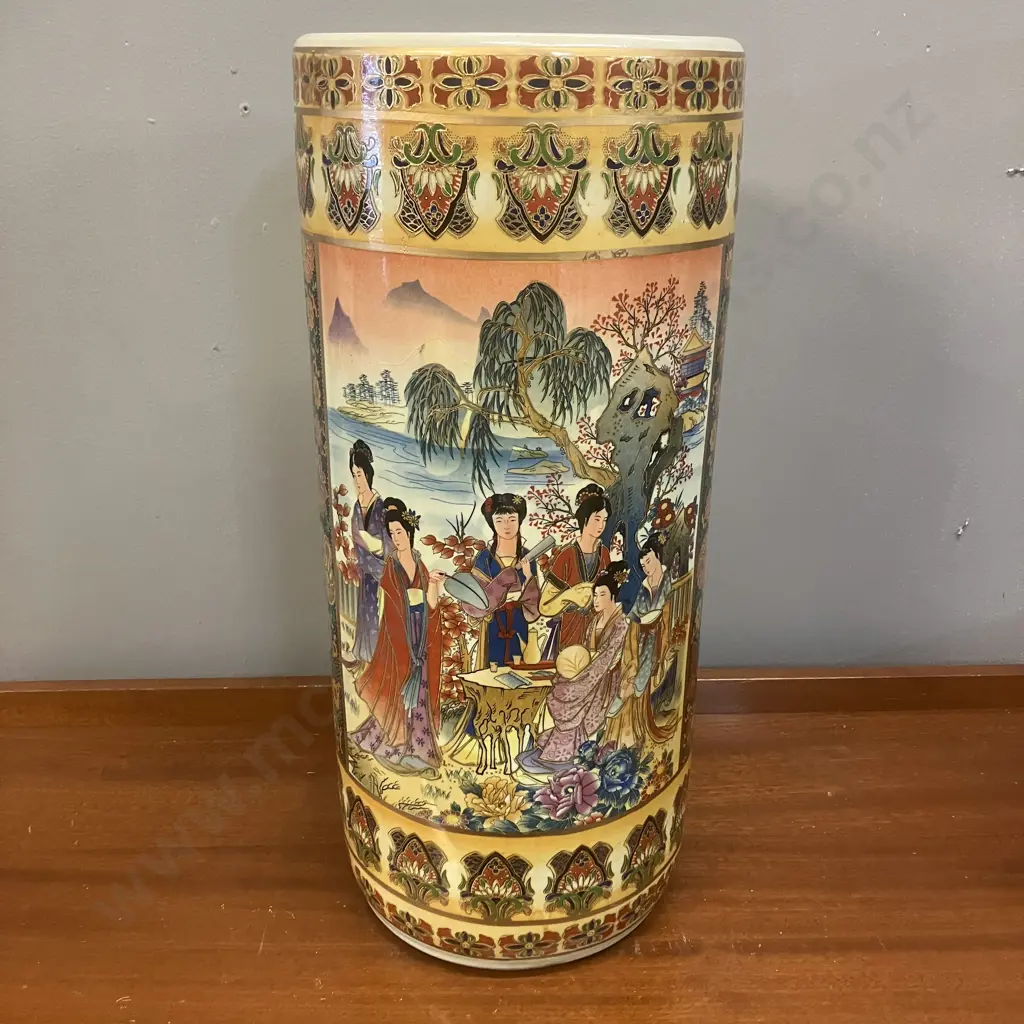 Chinese Umbrella Stand With Two Figural Scene Panels & Floral Surrounds. 46 x 20.5cm Image 1++
