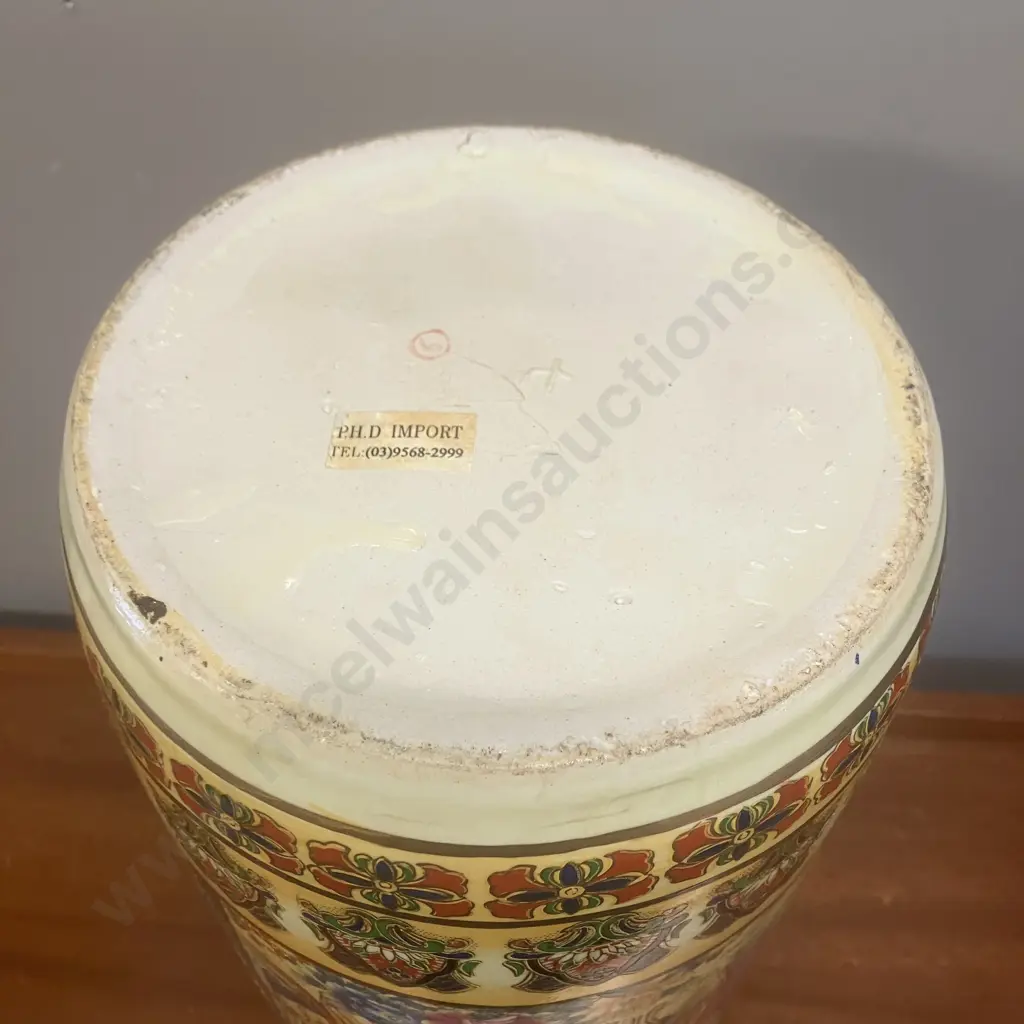 Chinese Umbrella Stand With Two Figural Scene Panels & Floral Surrounds. 46 x 20.5cm Image 1++