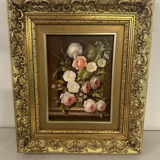 Ornate Gilt Framed Floral Arrangement Signed By Jos Kivits H34, W29cm.