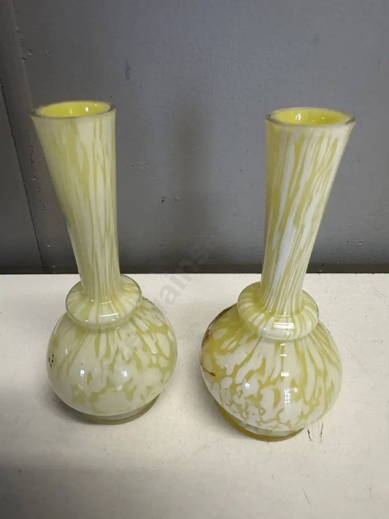 Pair Of Art Nouveau Franz Welz Style Yellow/White Splatter Glass Vases H14.5cm.  Image 1++
