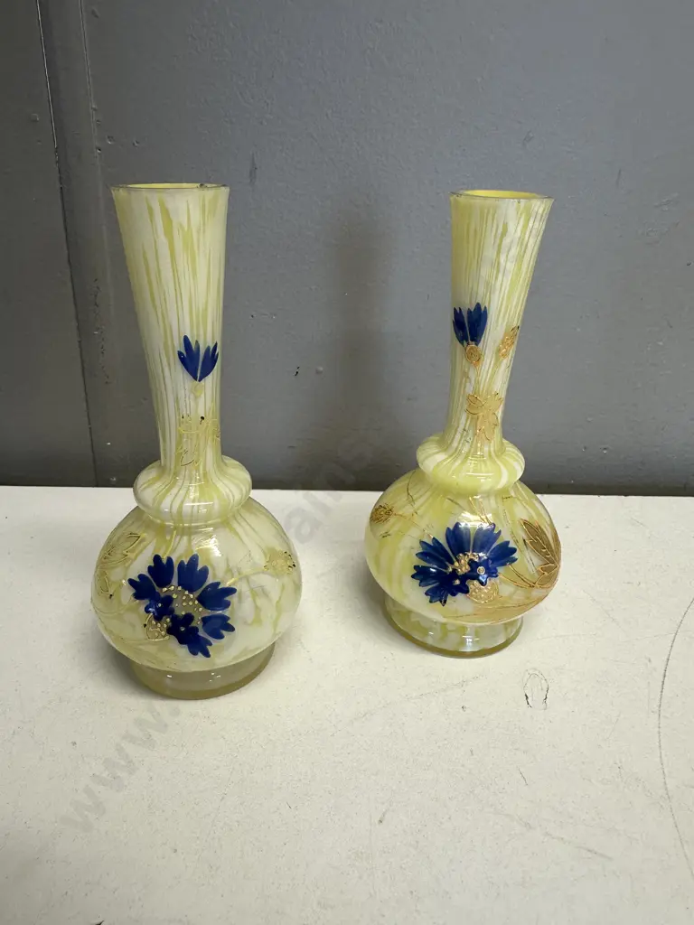 Pair Of Art Nouveau Franz Welz Style Yellow/White Splatter Glass Vases H14.5cm.  Image 1++