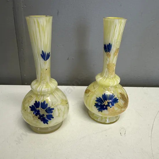Pair Of Art Nouveau Franz Welz Style Yellow/White Splatter Glass Vases H14.5cm. 