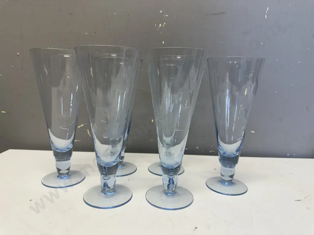 Set Of Six Vintage Blue Crystal Etched Champagne Flutes  Image 1++