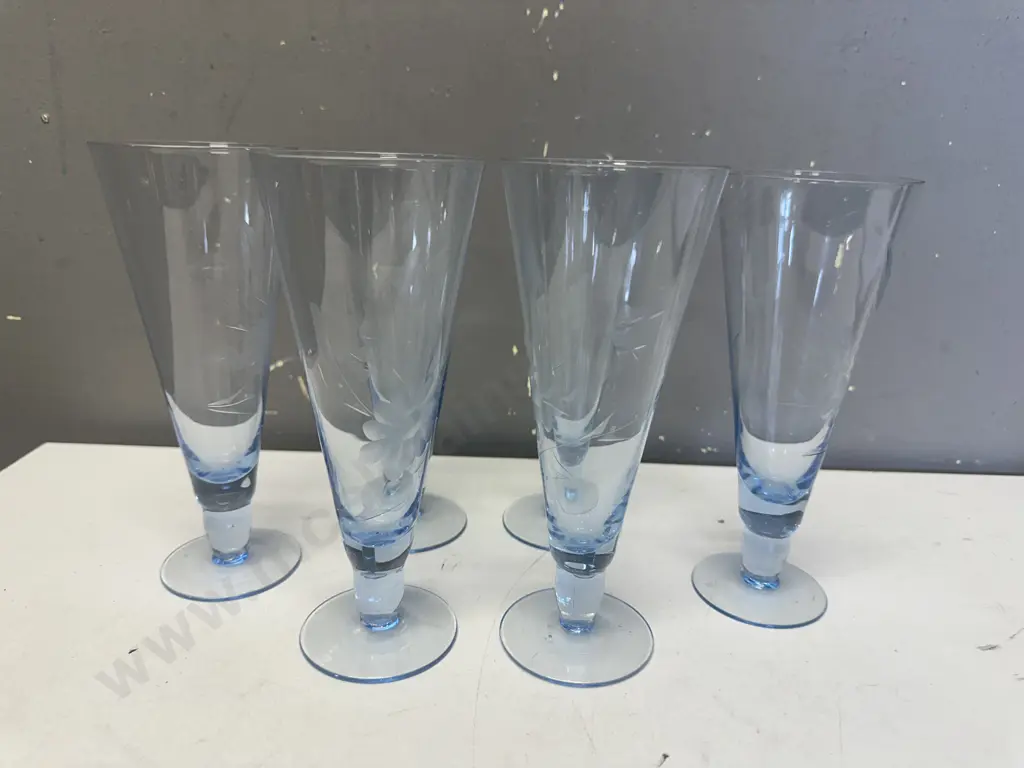 Set Of Six Vintage Blue Crystal Etched Champagne Flutes  Image 1++