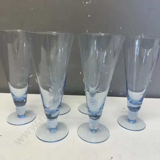Set Of Six Vintage Blue Crystal Etched Champagne Flutes 