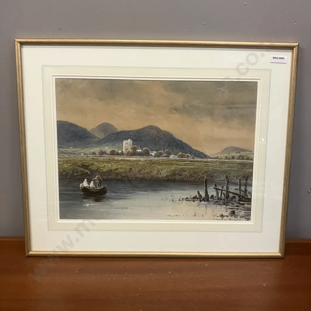 Florence Wilson Original Watercolour - Boat With Village & Hills In Background. Signed. 42 x 52.5cm Image 1++