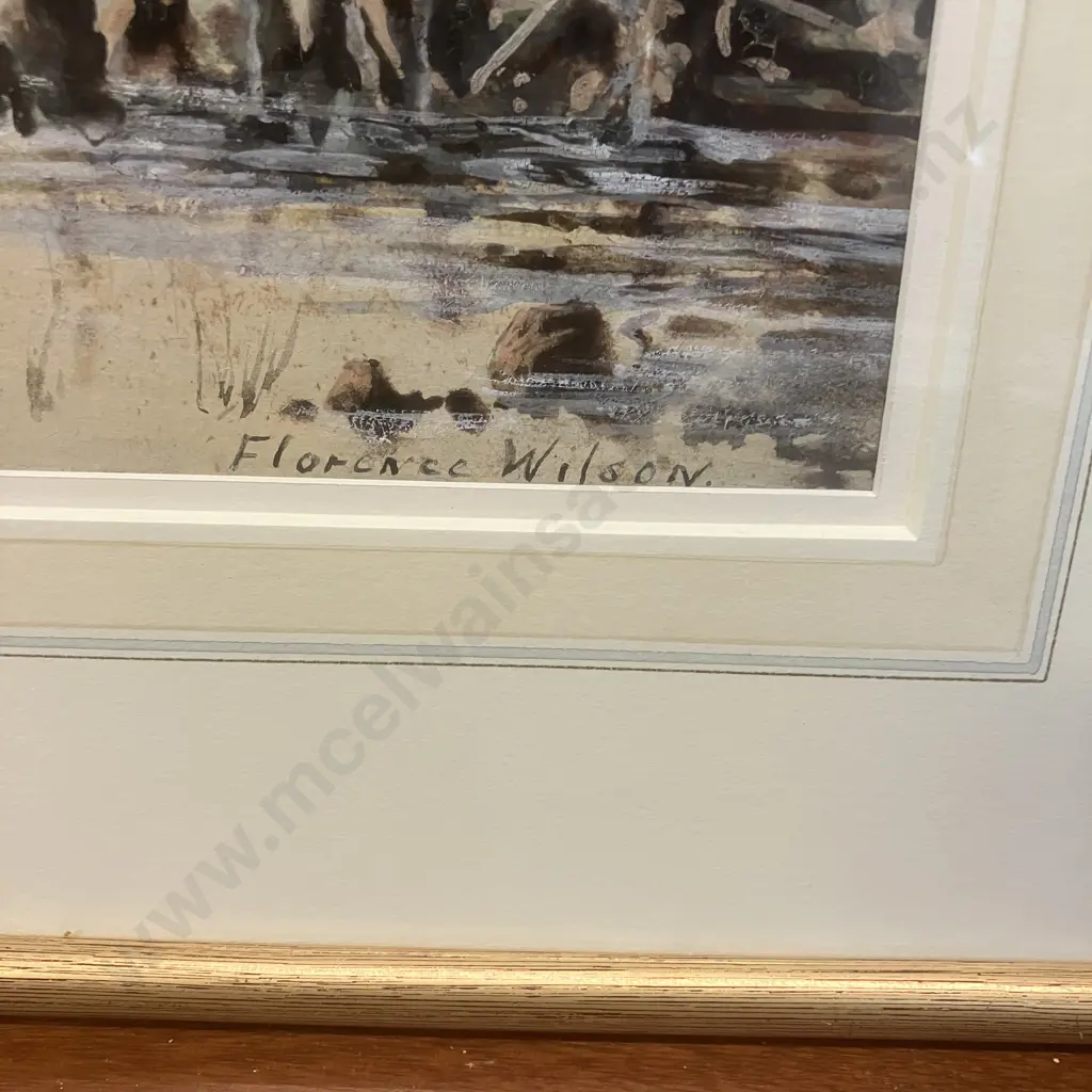 Florence Wilson Original Watercolour - Boat With Village & Hills In Background. Signed. 42 x 52.5cm Image 1++