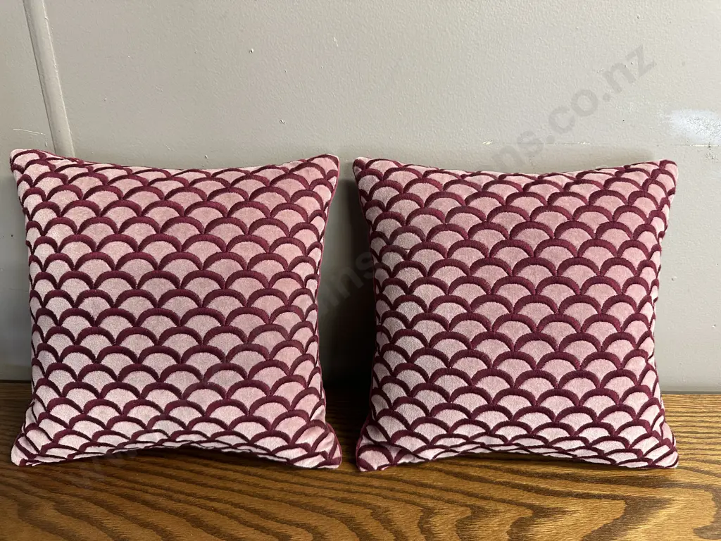 Small Pair Of Square Decorative Cushions Burgundy/Pink 28x28cm. Image 1++