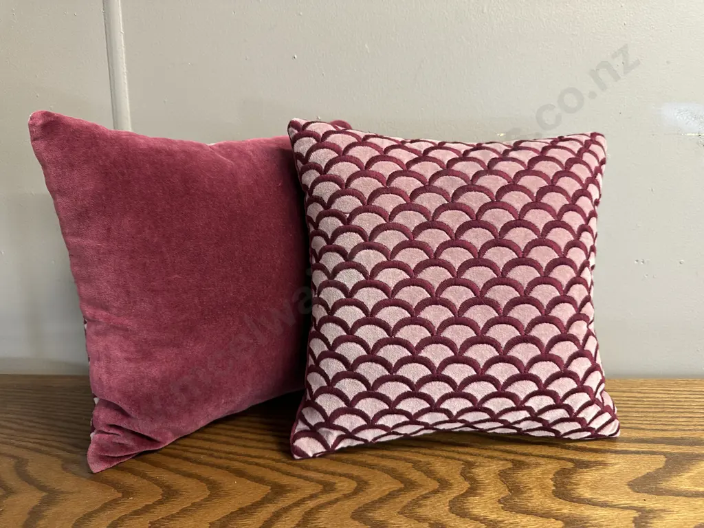 Small Pair Of Square Decorative Cushions Burgundy/Pink 28x28cm. Image 1++