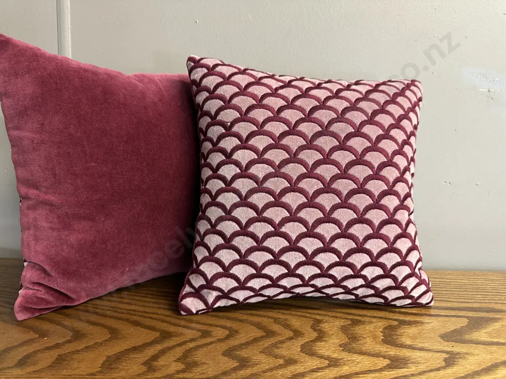 Small Pair Of Square Decorative Cushions Burgundy/Pink 28x28cm. Image 1++