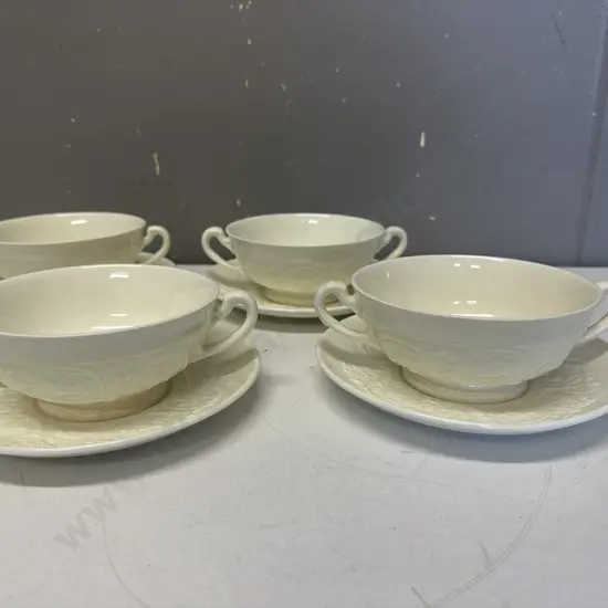 Set Of Four Wedgwood Patrician Ivory Cream Embossed Soup Bowls & Under Plates