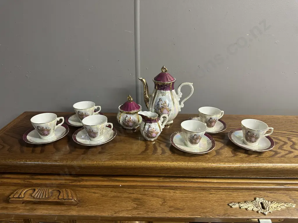 Japanese Lustreware Coffee Pot, Creamer, Sugar Bowl & Demi Cups & Saucers Image 1++