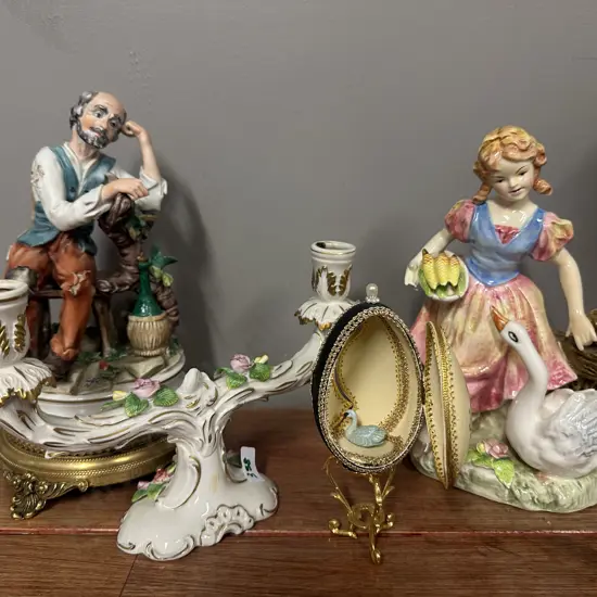 Assorted China & Vintage Items Including Figurines, Candle Holder & Decorative Egg