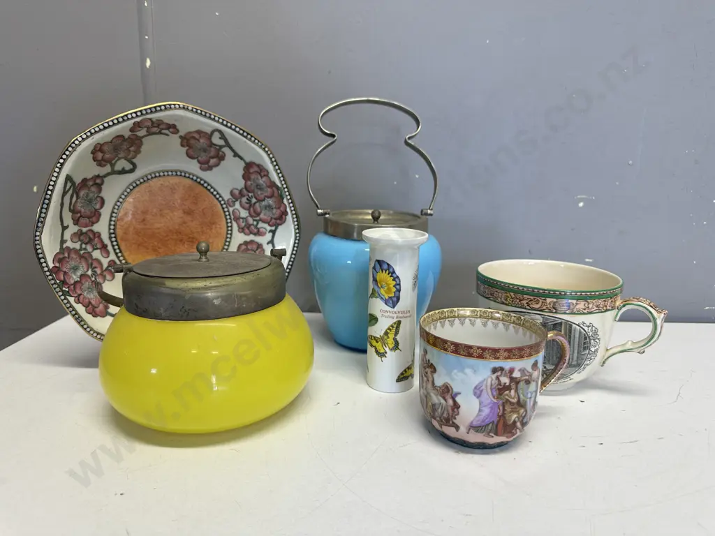 Antique Glass Biscuit Barrels, Adams Cries Of London Teacup, Maling Dish Etc Image 1++