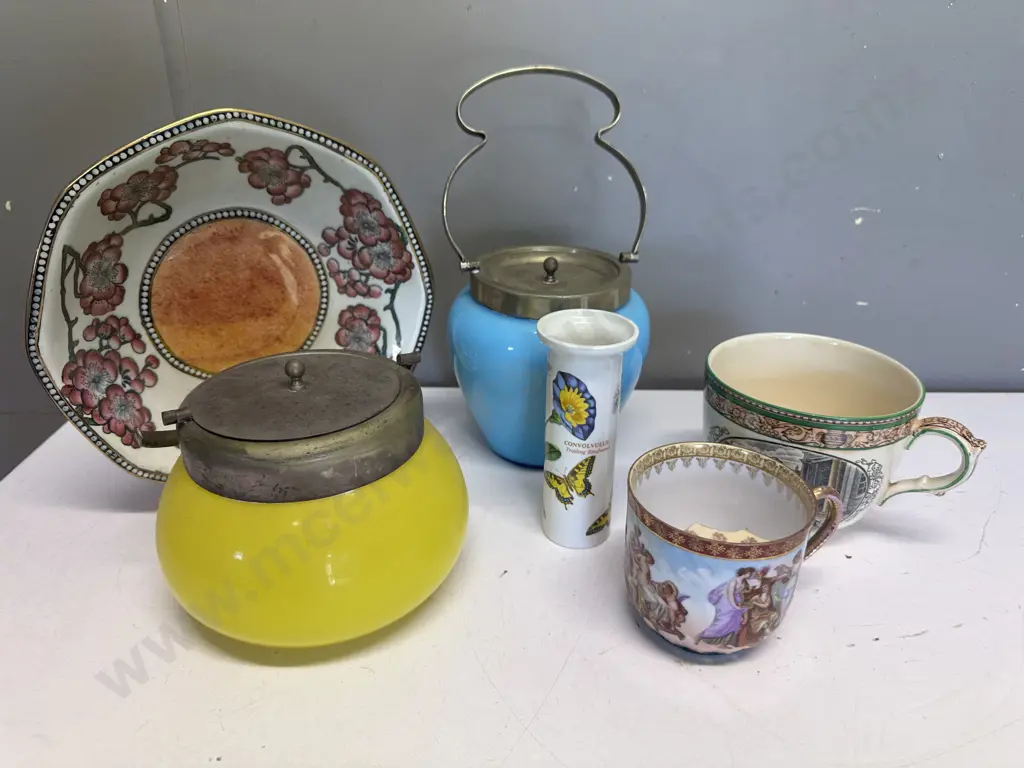 Antique Glass Biscuit Barrels, Adams Cries Of London Teacup, Maling Dish Etc Image 1++