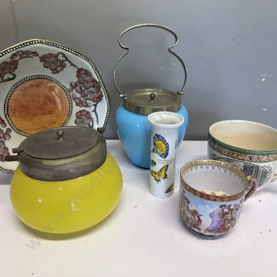 Antique Glass Biscuit Barrels, Adams Cries Of London Teacup, Maling Dish Etc