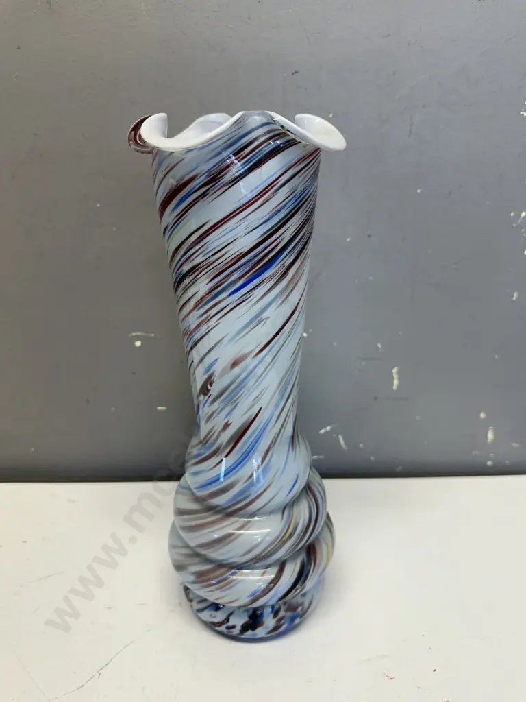 Mid Century Murano 'End Of The Day' Splatter Glass Vase With Ruffled Rim H33cm. Image 1++