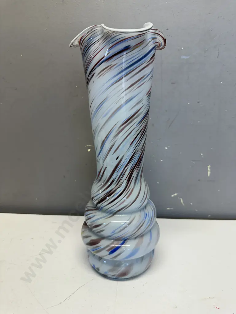 Mid Century Murano 'End Of The Day' Splatter Glass Vase With Ruffled Rim H33cm. Image 1++