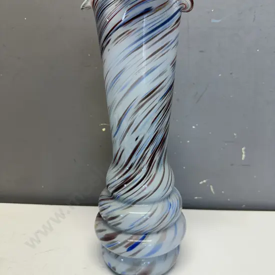 Mid Century Murano 'End Of The Day' Splatter Glass Vase With Ruffled Rim H33cm.