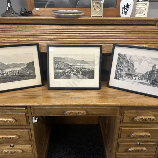 Set Of Three Framed Black & White Artwork Including Queenstown, Auckland & Wellington H33,W40cm.