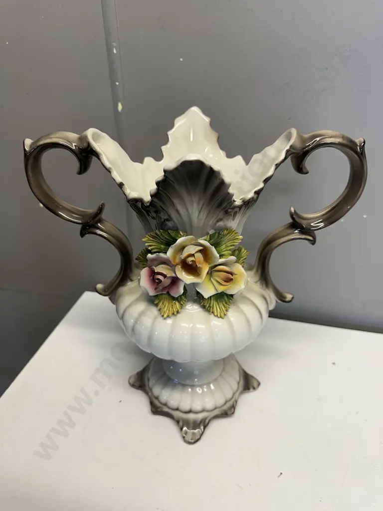 Italian Bassano Capodimonte Floral Double Handled Vase Image 1++