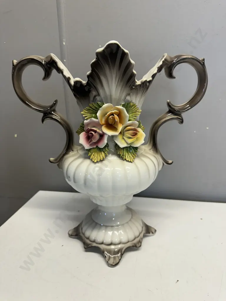 Italian Bassano Capodimonte Floral Double Handled Vase Image 1++