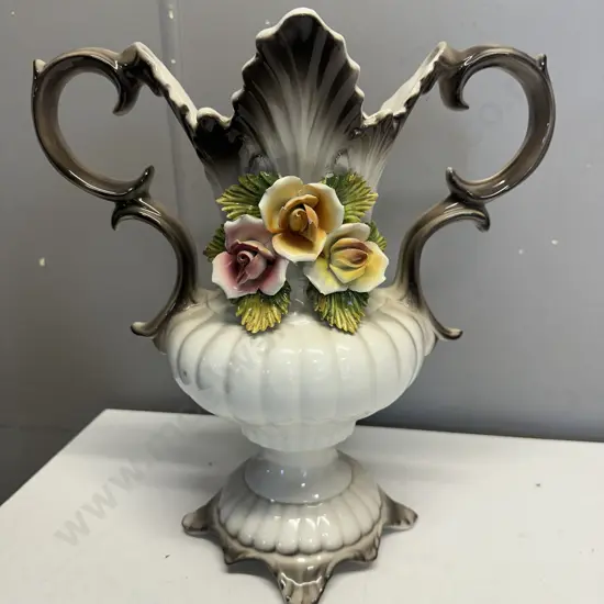 Italian Bassano Capodimonte Floral Double Handled Vase