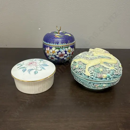 Selection Of Lidded Trinket Boxes Including Cloisonne Apple, Wedgwood Etc