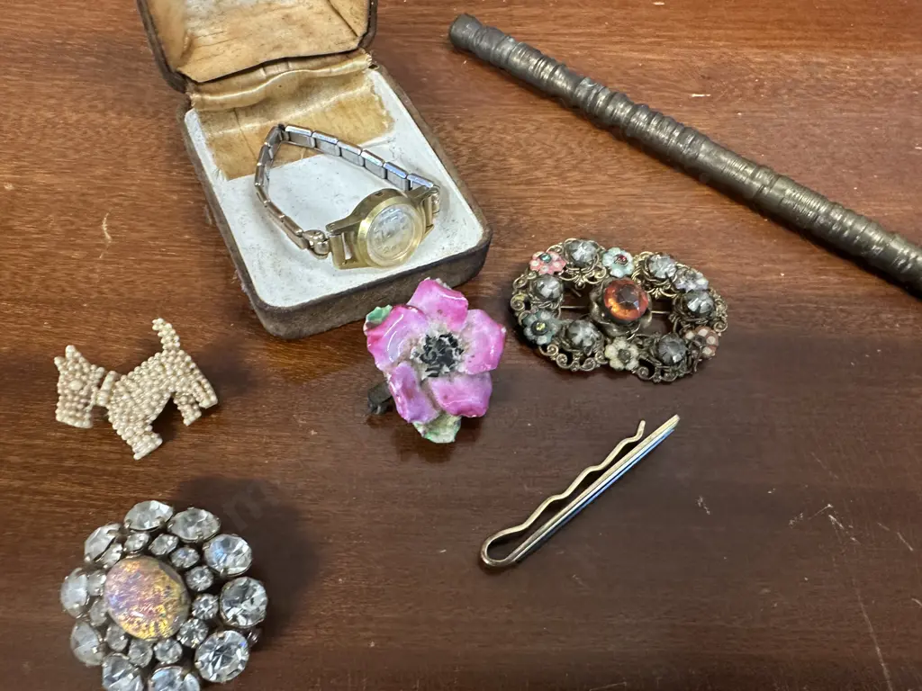 Vintage Items Including Brooches, Tie Pin, Watch Etc Image 1++