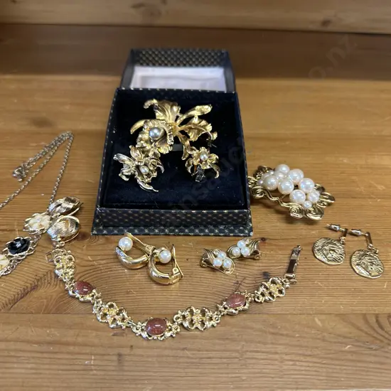 Selection Of Costume Jewellery Including Vintage Gold Tone Brooch, Earrings Etc