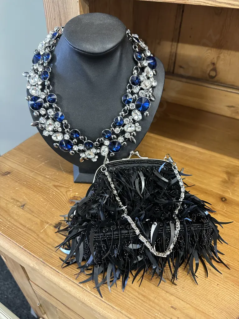 Costume Jewellery Necklace With Blue & Clear Stones & Black 'Paula' Beaded Purse Image 1++