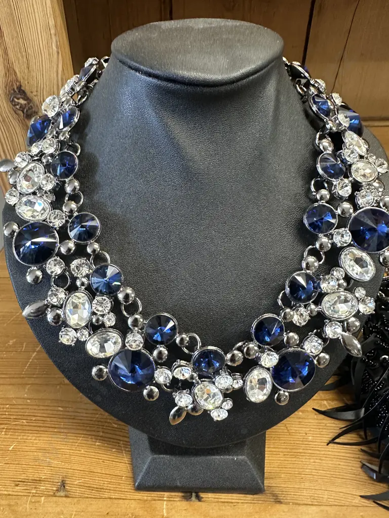 Costume Jewellery Necklace With Blue & Clear Stones & Black 'Paula' Beaded Purse Image 1++