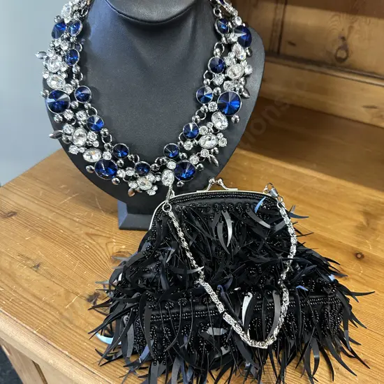 Costume Jewellery Necklace With Blue & Clear Stones & Black 'Paula' Beaded Purse