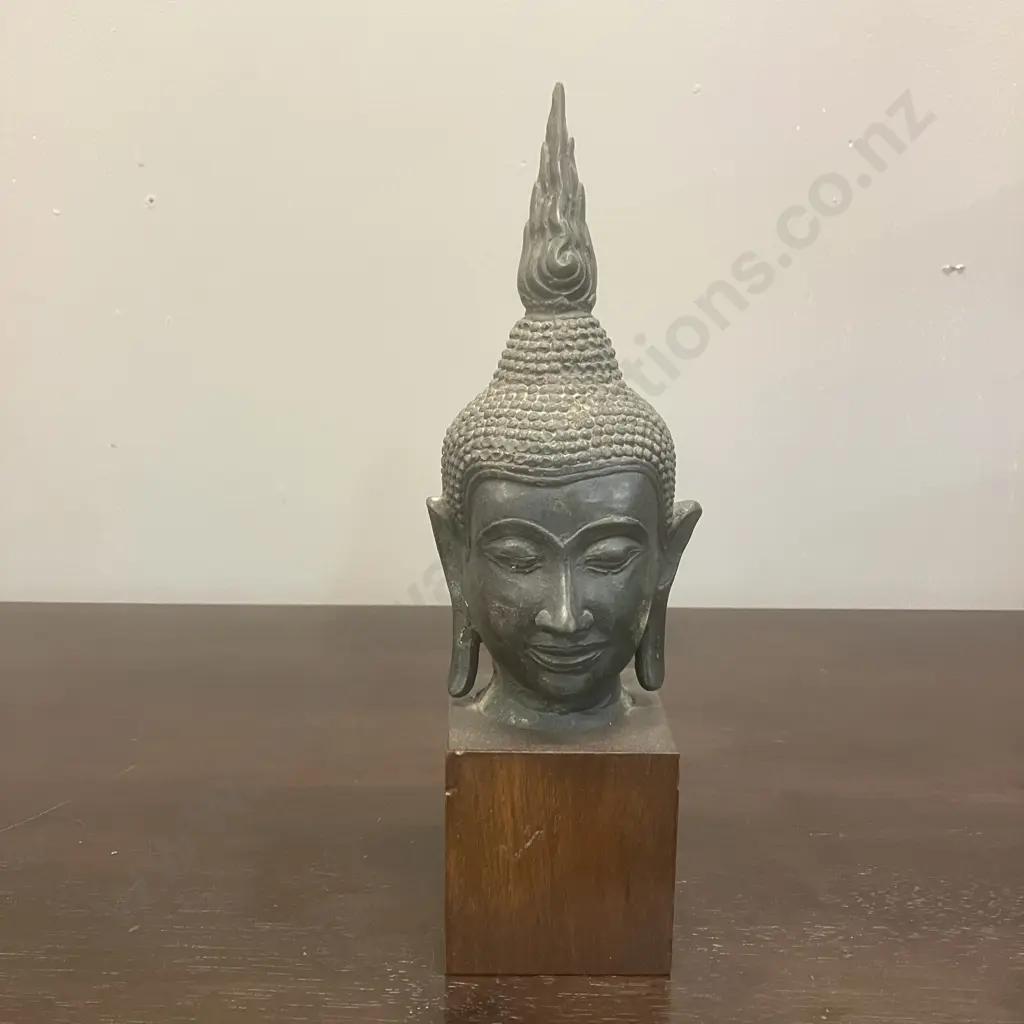 Vintage Thai Buddha Head With Flaming Ushnisha, Copper? On Wood Base. H27cm Image 1++