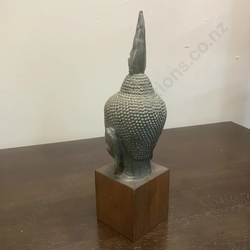 Vintage Thai Buddha Head With Flaming Ushnisha, Copper? On Wood Base. H27cm Image 1++