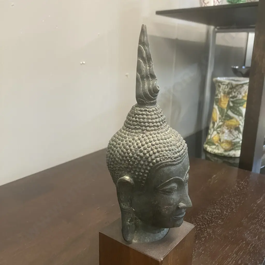 Vintage Thai Buddha Head With Flaming Ushnisha, Copper? On Wood Base. H27cm Image 1++