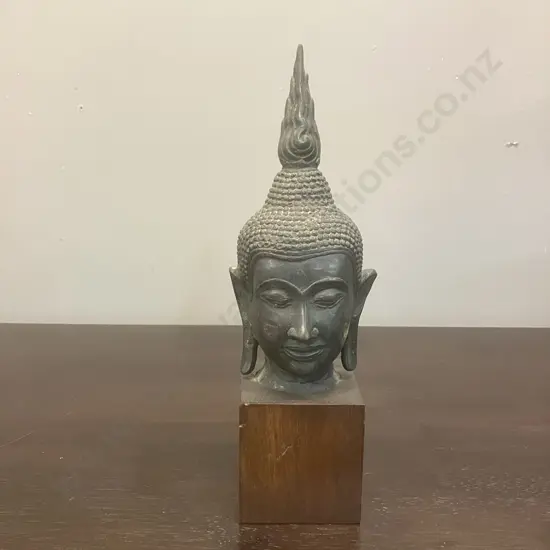 Vintage Thai Buddha Head With Flaming Ushnisha, Copper? On Wood Base. H27cm