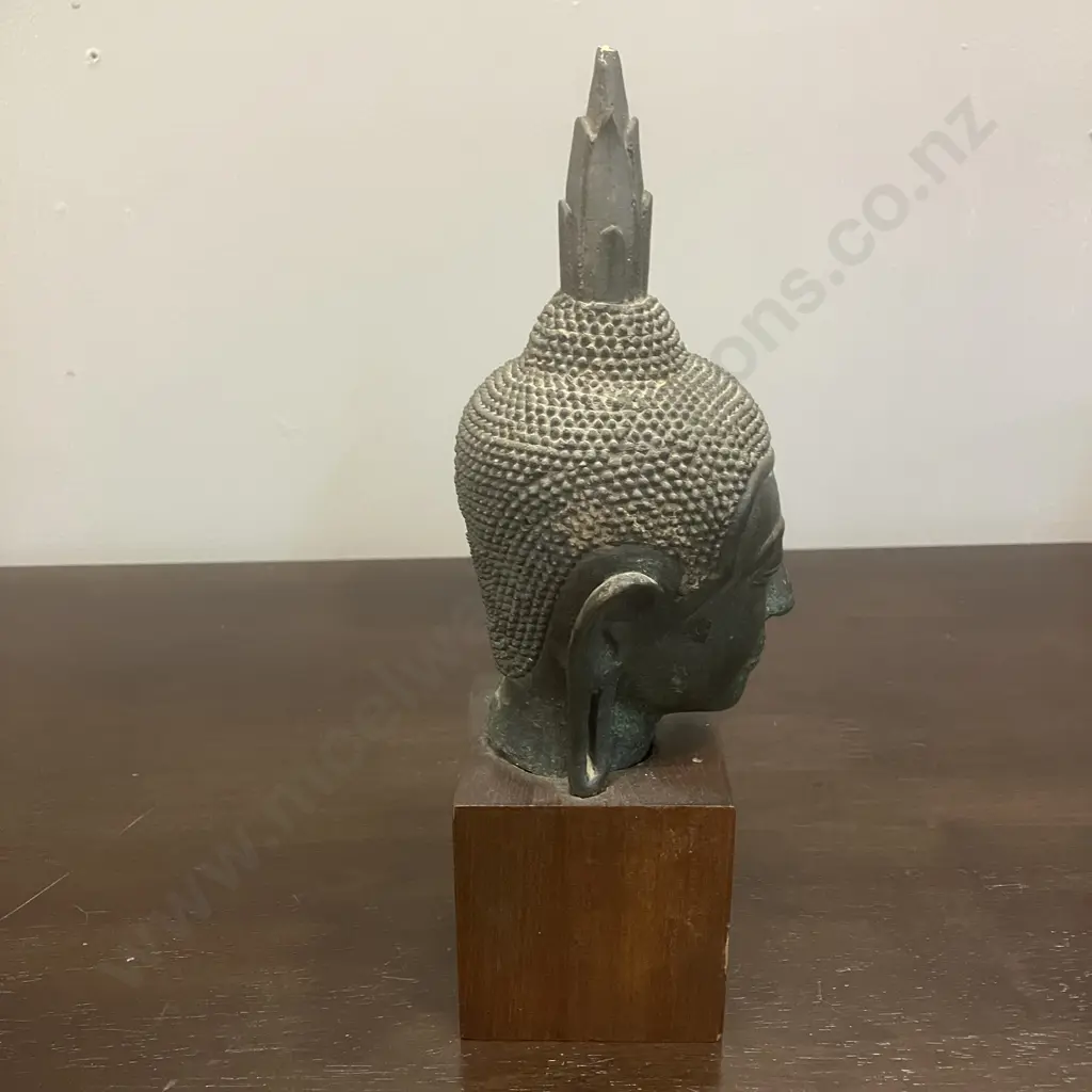 Vintage Thai Buddha Head With Flaming Ushnisha - Copper? On Wood Base. H26cm (Damage to Top) Image 1++