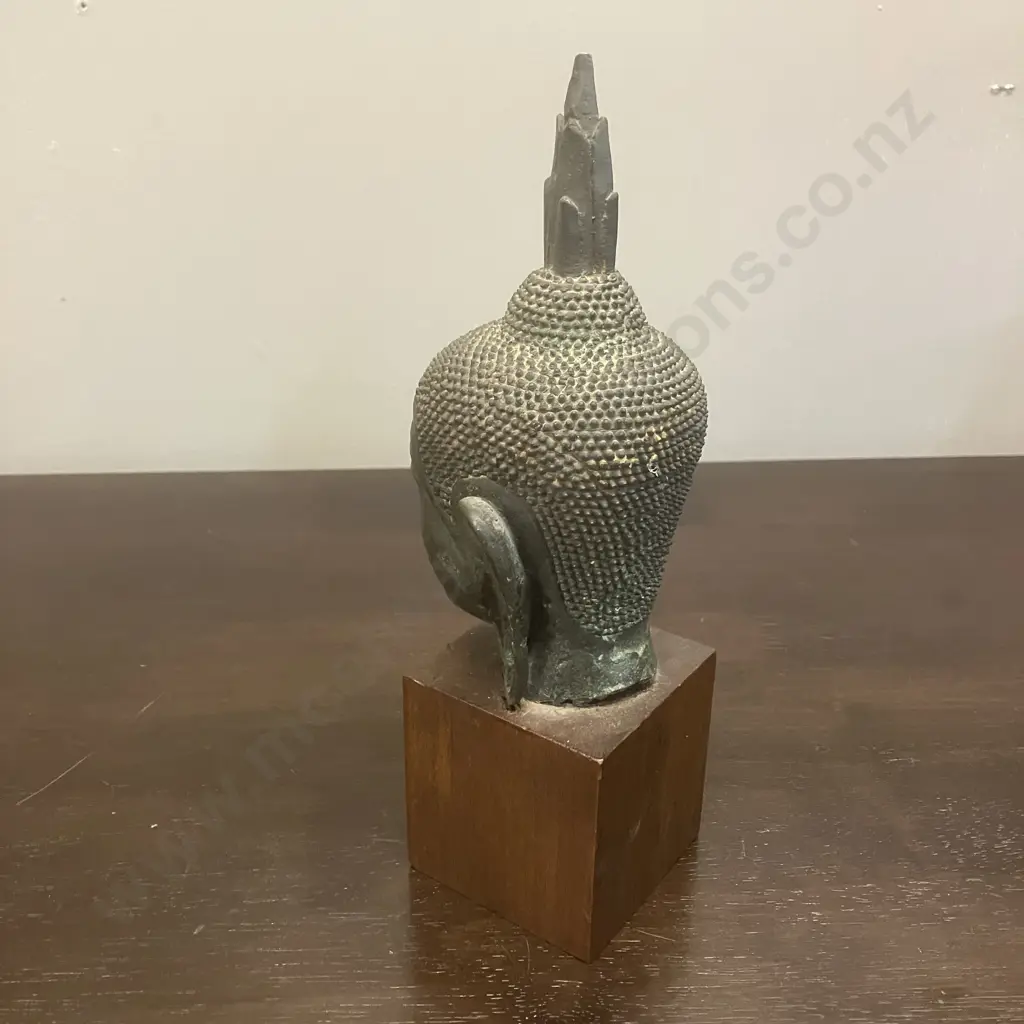 Vintage Thai Buddha Head With Flaming Ushnisha - Copper? On Wood Base. H26cm (Damage to Top) Image 1++