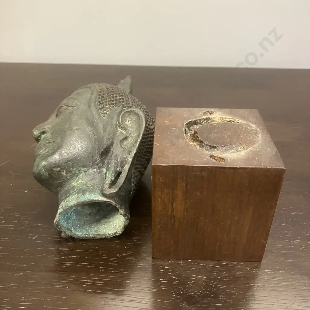 Vintage Thai Buddha Head With Flaming Ushnisha - Copper? On Wood Base. H26cm (Damage to Top) Image 1++