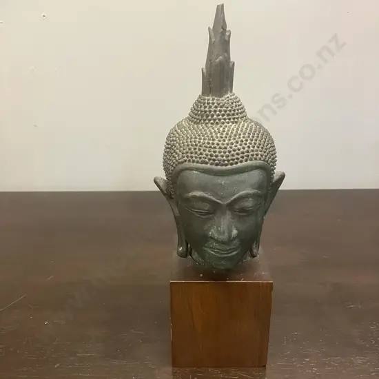 Vintage Thai Buddha Head With Flaming Ushnisha - Copper? On Wood Base. H26cm (Damage to Top)