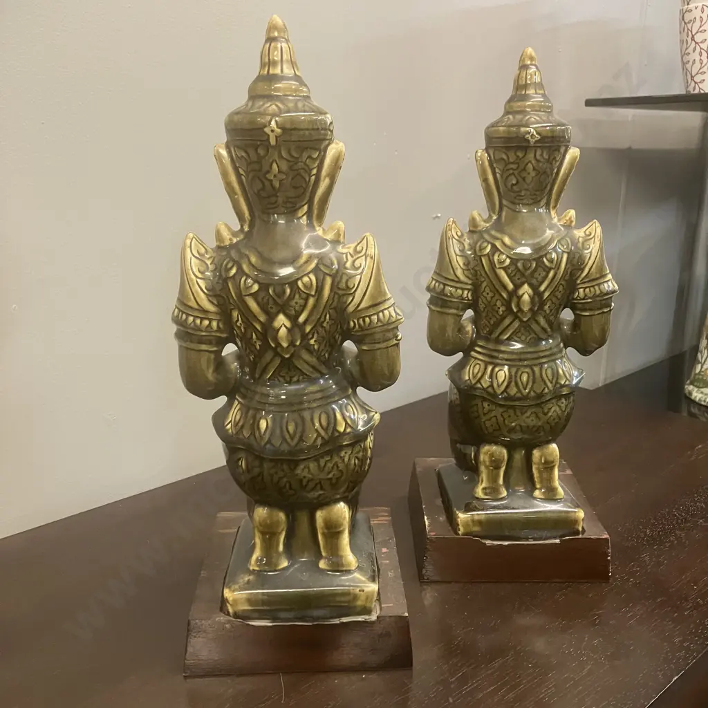 Pair of Vintage Thai Teppanom Guardian Angel Figurines - Kneeling In Prayer, Green Glazed On a Hardwood Base. H38cm Image 1++
