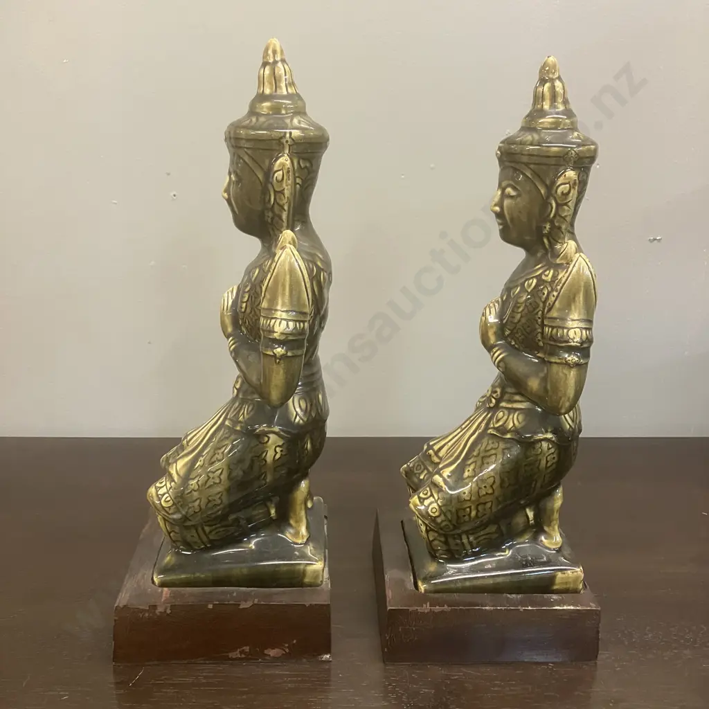 Pair of Vintage Thai Teppanom Guardian Angel Figurines - Kneeling In Prayer, Green Glazed On a Hardwood Base. H38cm Image 1++