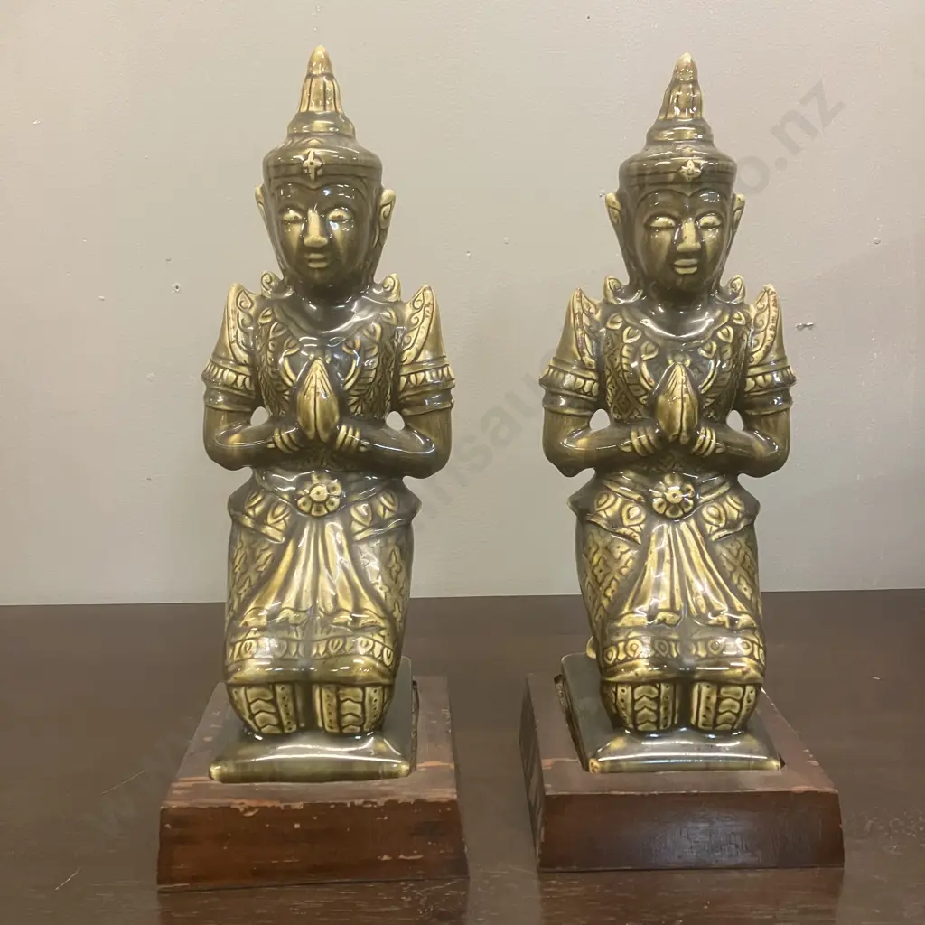 Pair of Vintage Thai Teppanom Guardian Angel Figurines - Kneeling In Prayer, Green Glazed On a Hardwood Base. H38cm Image 1++