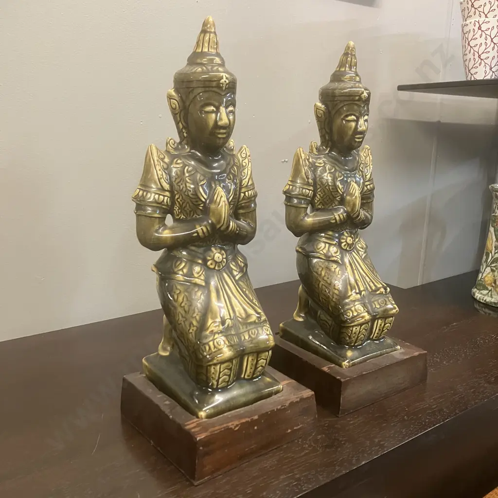 Pair of Vintage Thai Teppanom Guardian Angel Figurines - Kneeling In Prayer, Green Glazed On a Hardwood Base. H38cm Image 1++