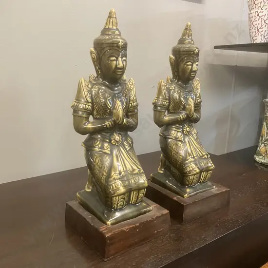 Pair of Vintage Thai Teppanom Guardian Angel Figurines - Kneeling In Prayer, Green Glazed On a Hardwood Base. H38cm