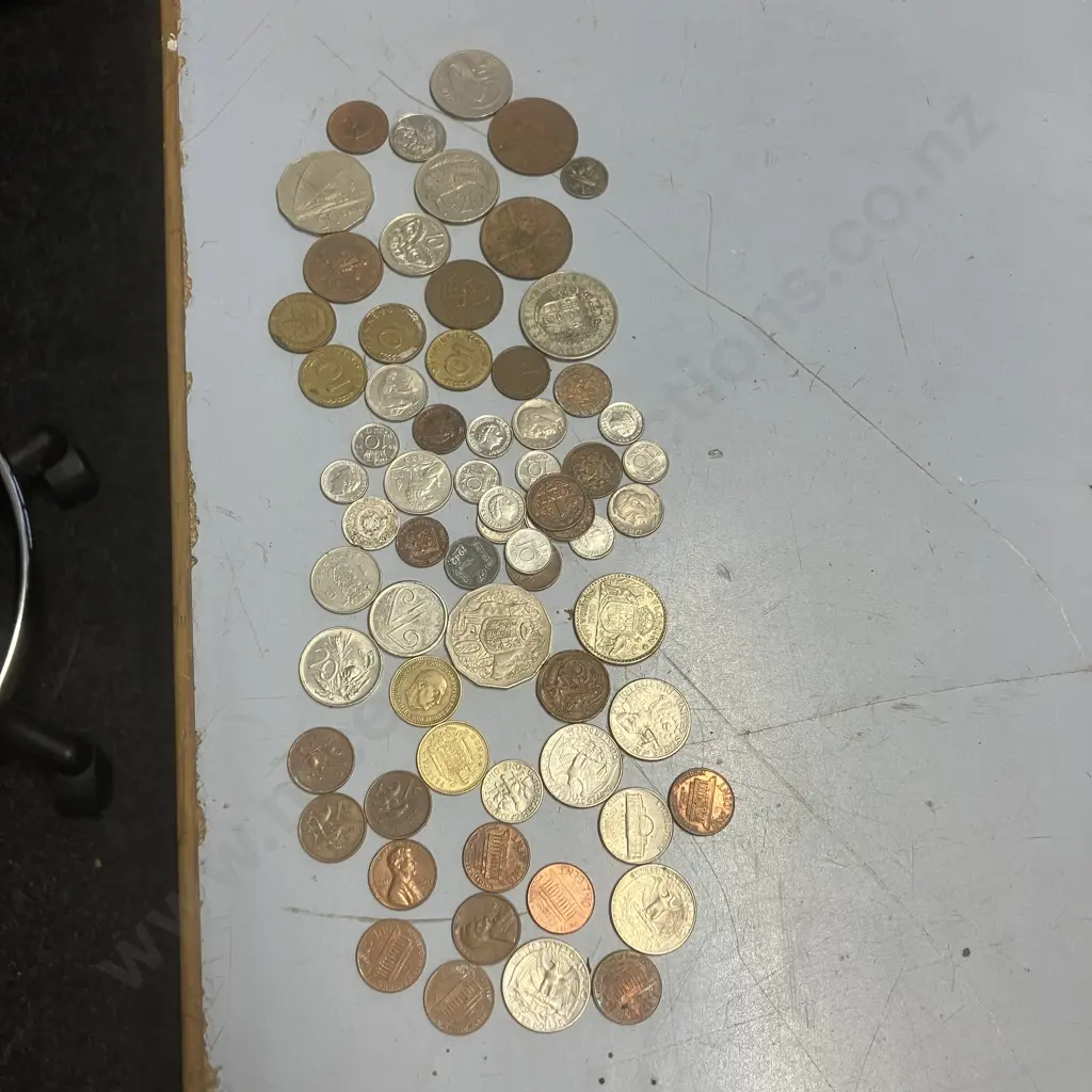 Assorted Coins - NZ, Peseta, Pfenning, American Etc & Collectable Air NZ Vending Token Coin Image 1++